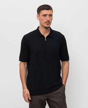 Bertolo Cashmere Black polo shirt with striped silk 9025410025435860