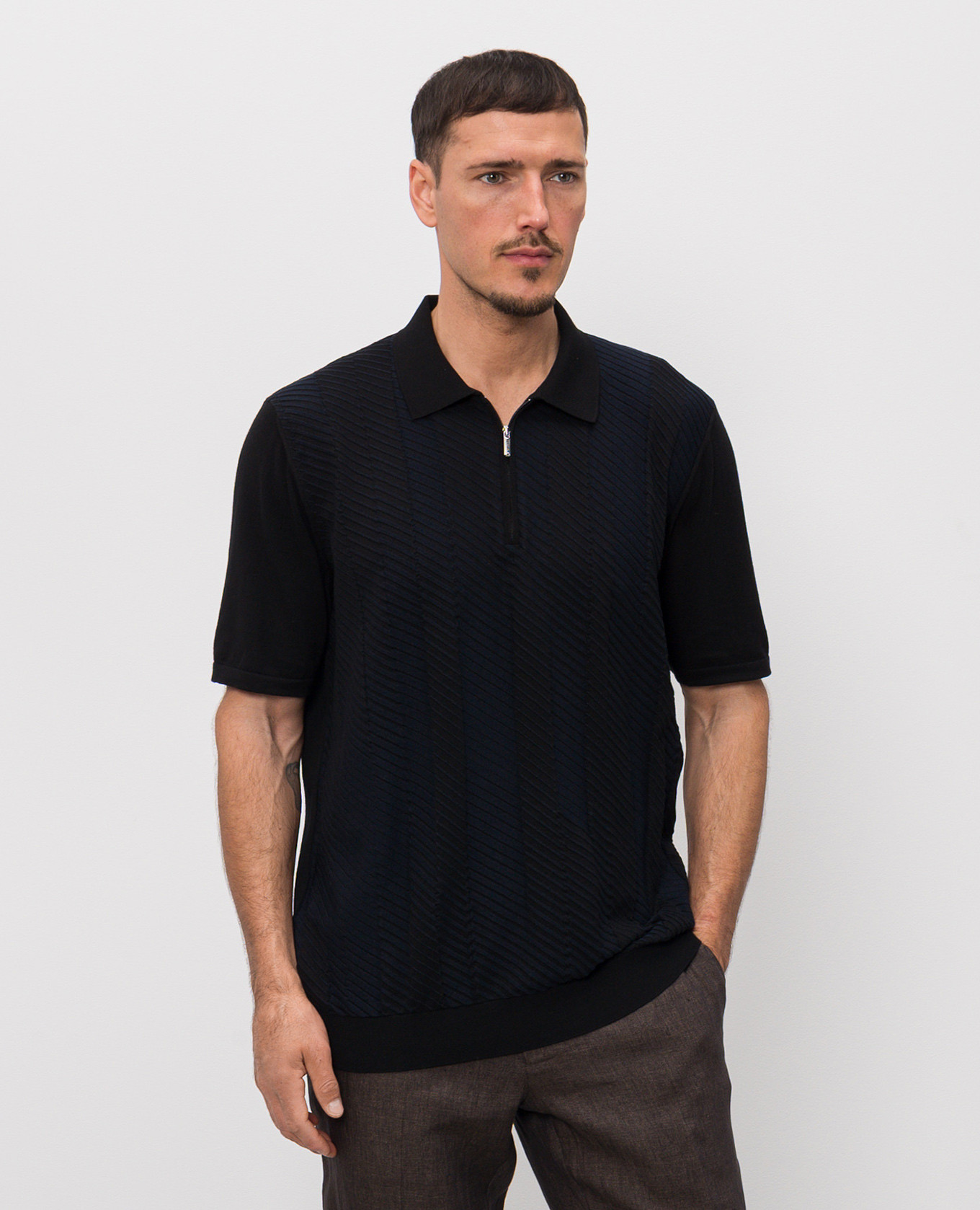 Black polo shirt with striped silk Bertolo Cashmere 3