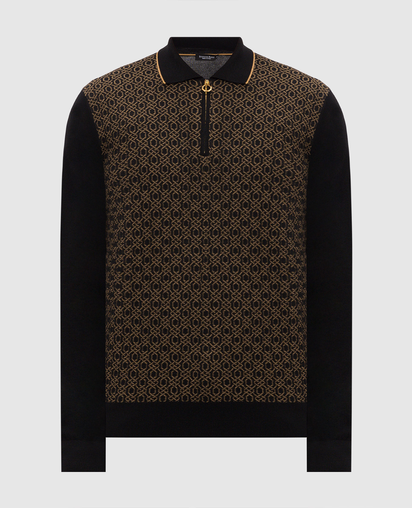 Black wool and silk polo shirt with contrasting pattern