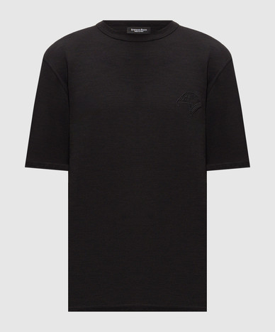 Black wool T-shirt with embroidered logo