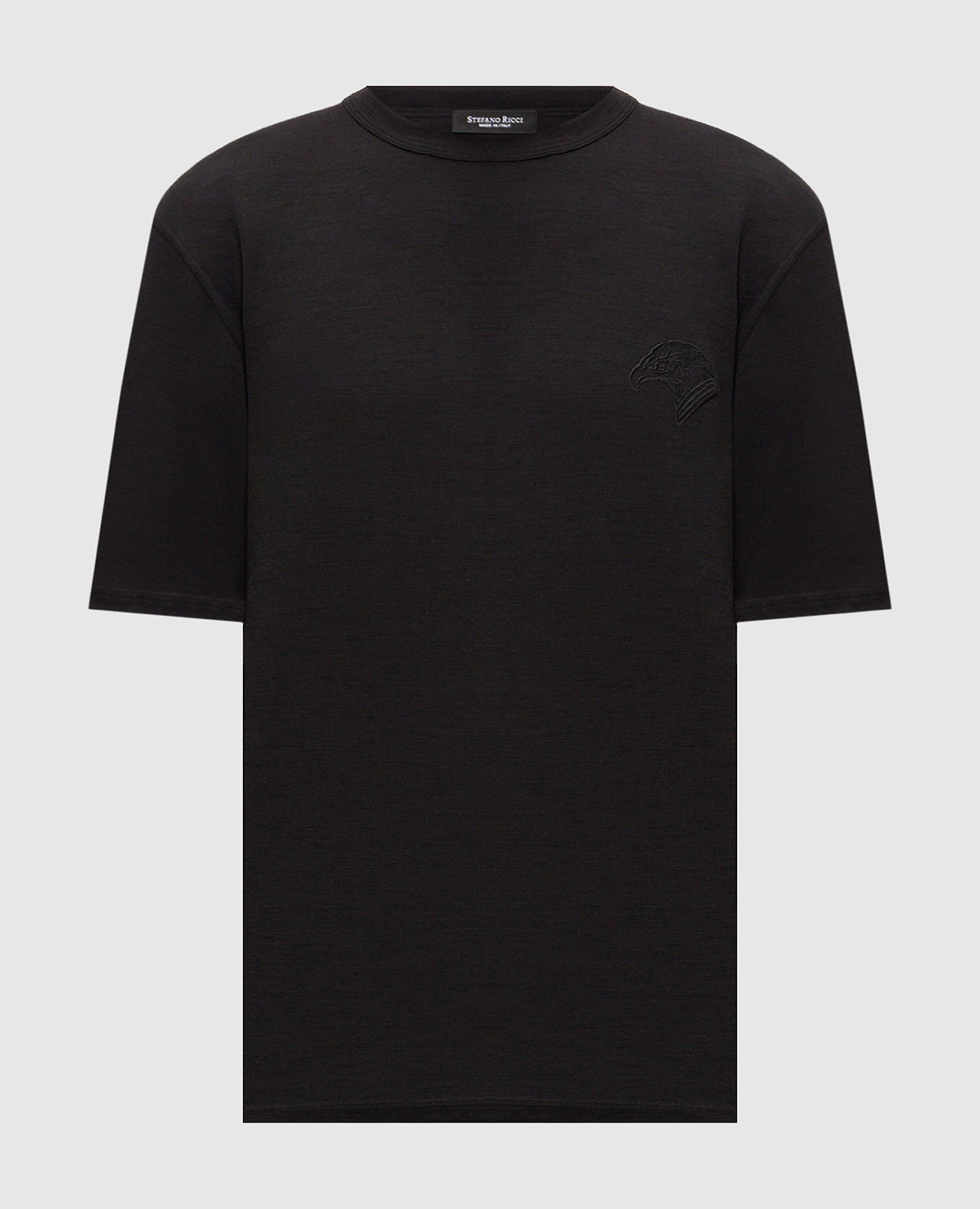 Black wool T-shirt with embroidered logo