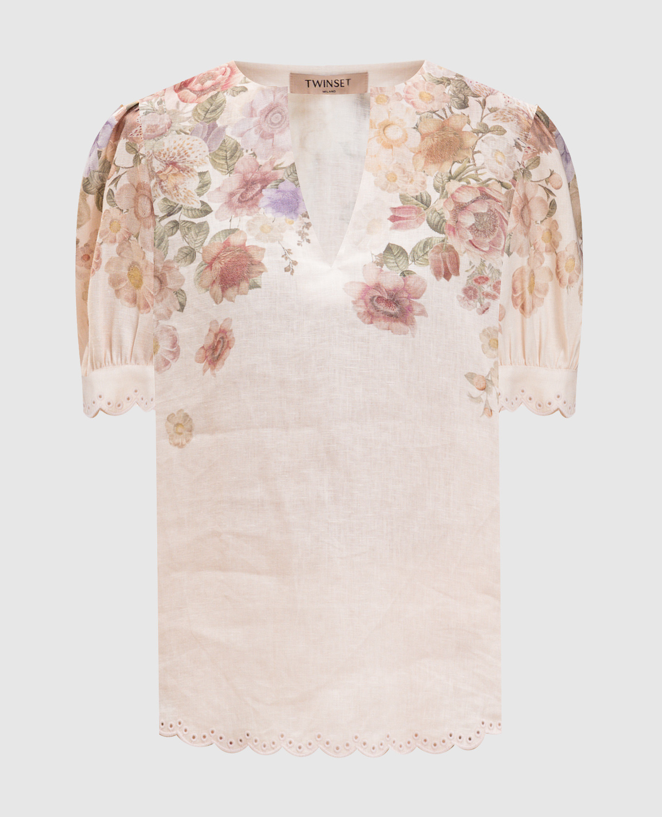 Beige linen blouse with floral print