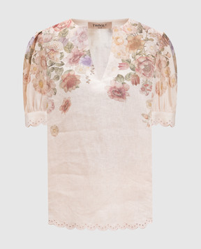 Twinset Beige linen blouse with floral print 261TT2573