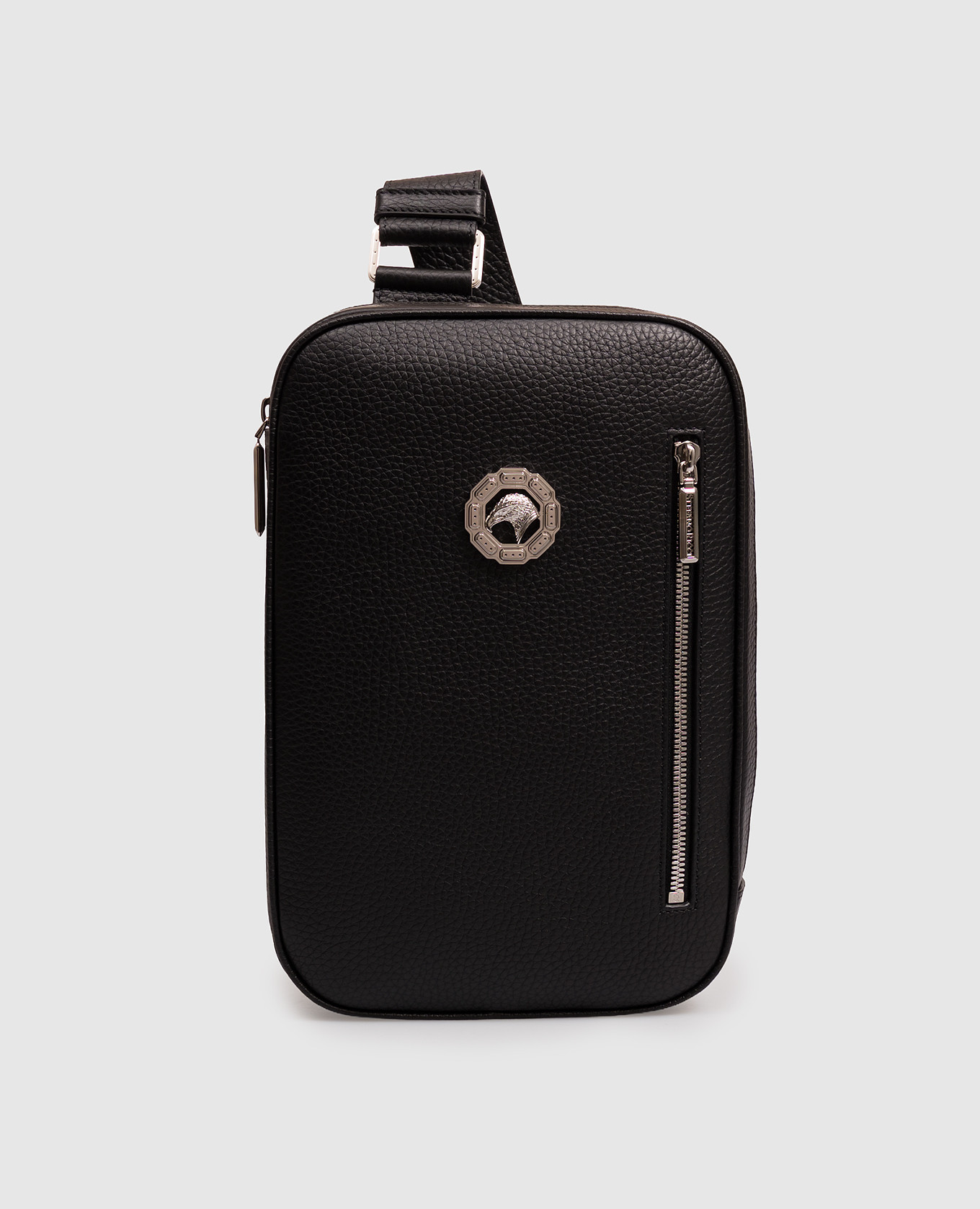 Black leather sling bag with palladium-plated emblem