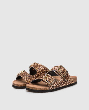 Colors of California Brown leather SLOFI flip-flops with leopard print HCBIO502
