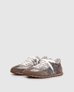 Brunello Cucinelli Silver leather sneakers with a monil chain MZFAG3325P