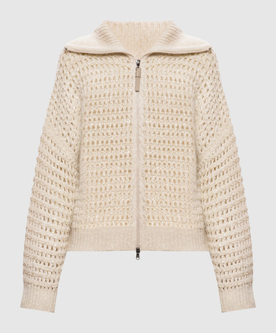 Cardigan beige traforato con paillettes