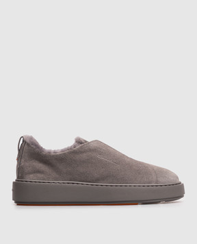 Santoni Gray suede slip-ons with fur WBCD61323PELPSAP