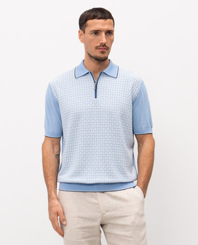 Stefano Ricci Blue polo shirt with patterned silk K414016P31F26167