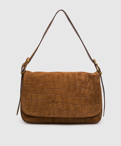 Liliane brown suede bag with crocodile embossed pattern