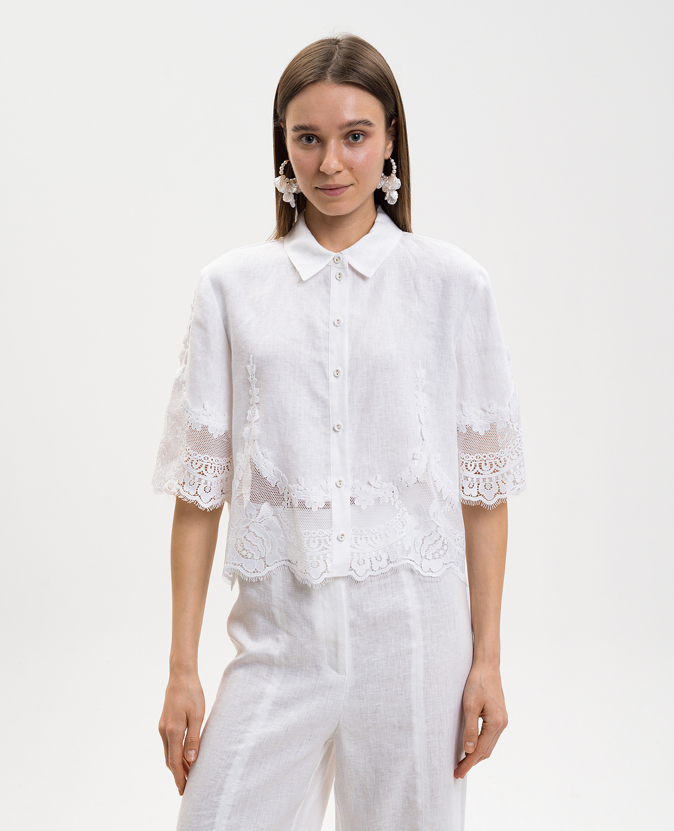 

White linen blouse with lace Twinset