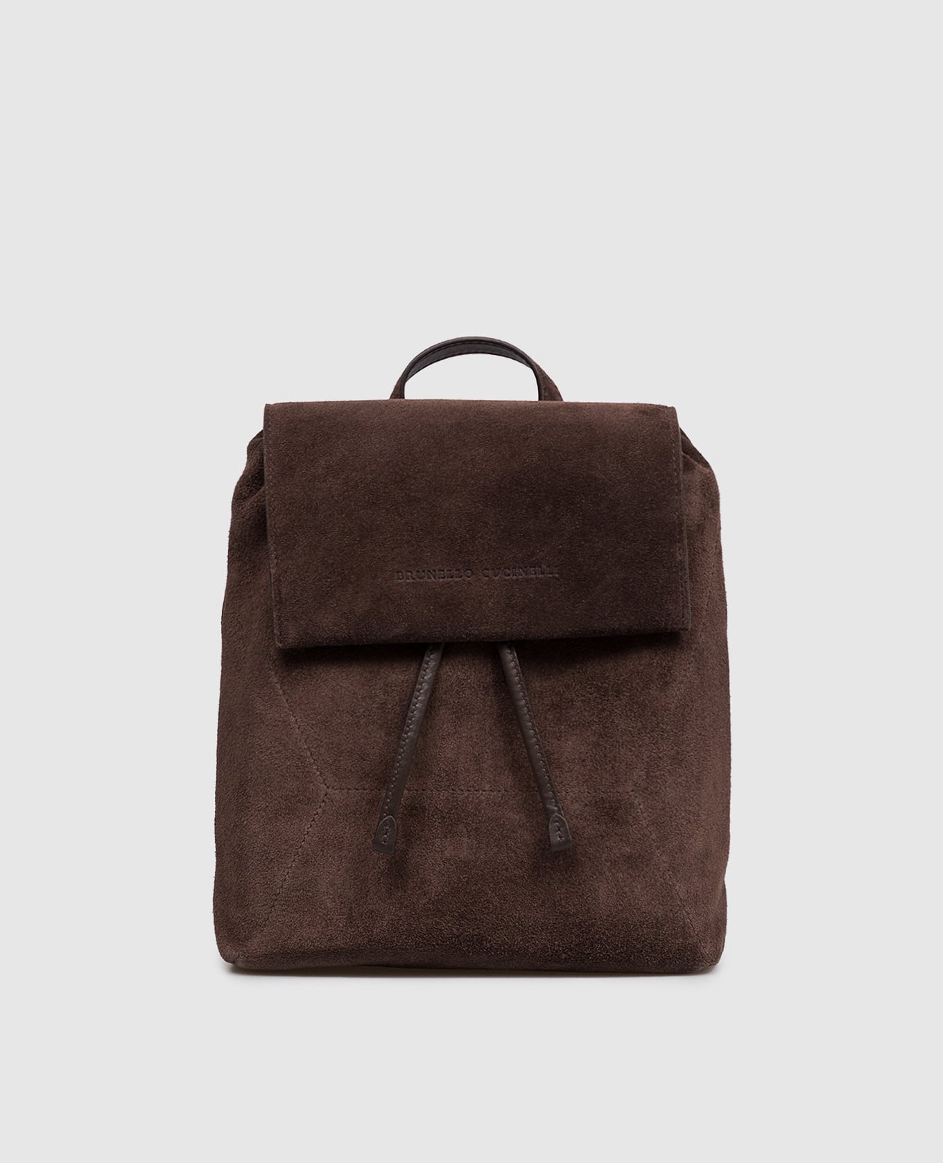 Dark brown suede backpack with embossed logo