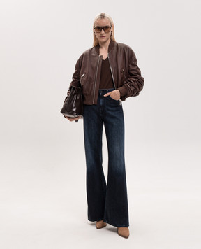 Dondup Brown leather bomber jacket with drape DJ800PL0511DXXX