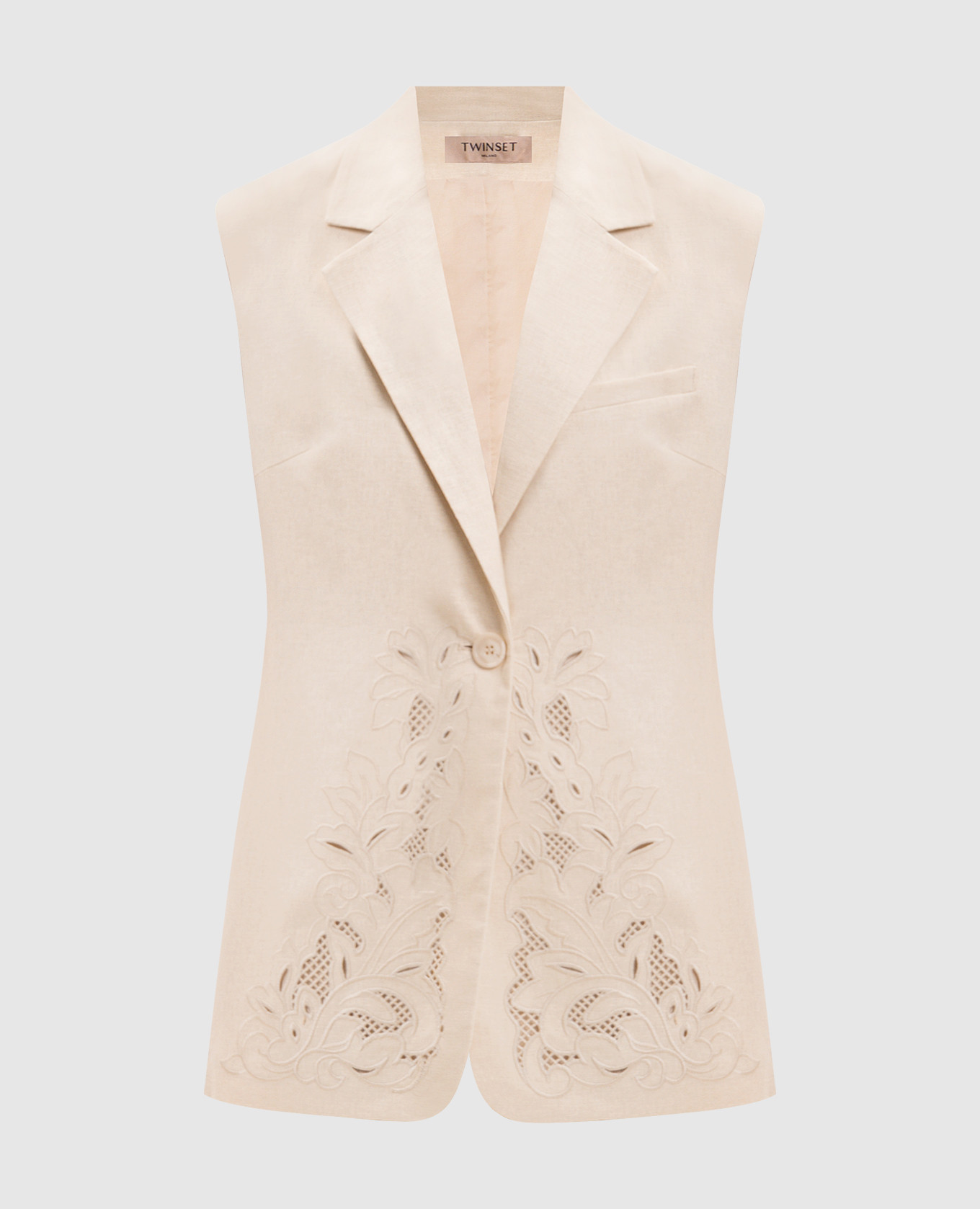 Beige linen vest with richelieu embroidery