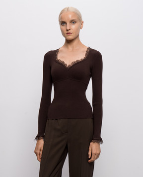 Twinset Brown ribbed jumper with lace 262TP3390
