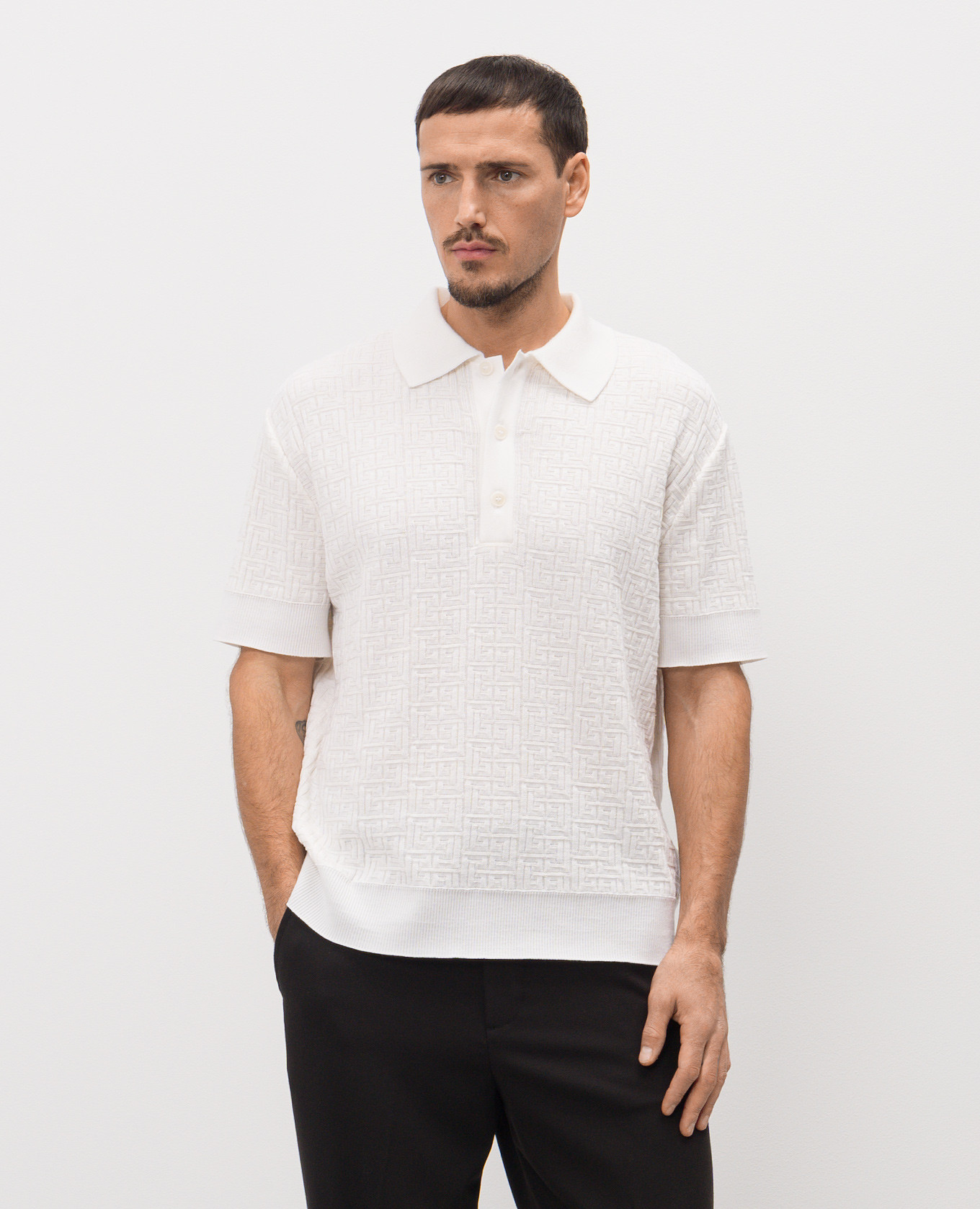 White wool and linen polo shirt with a pattern Balmain 3