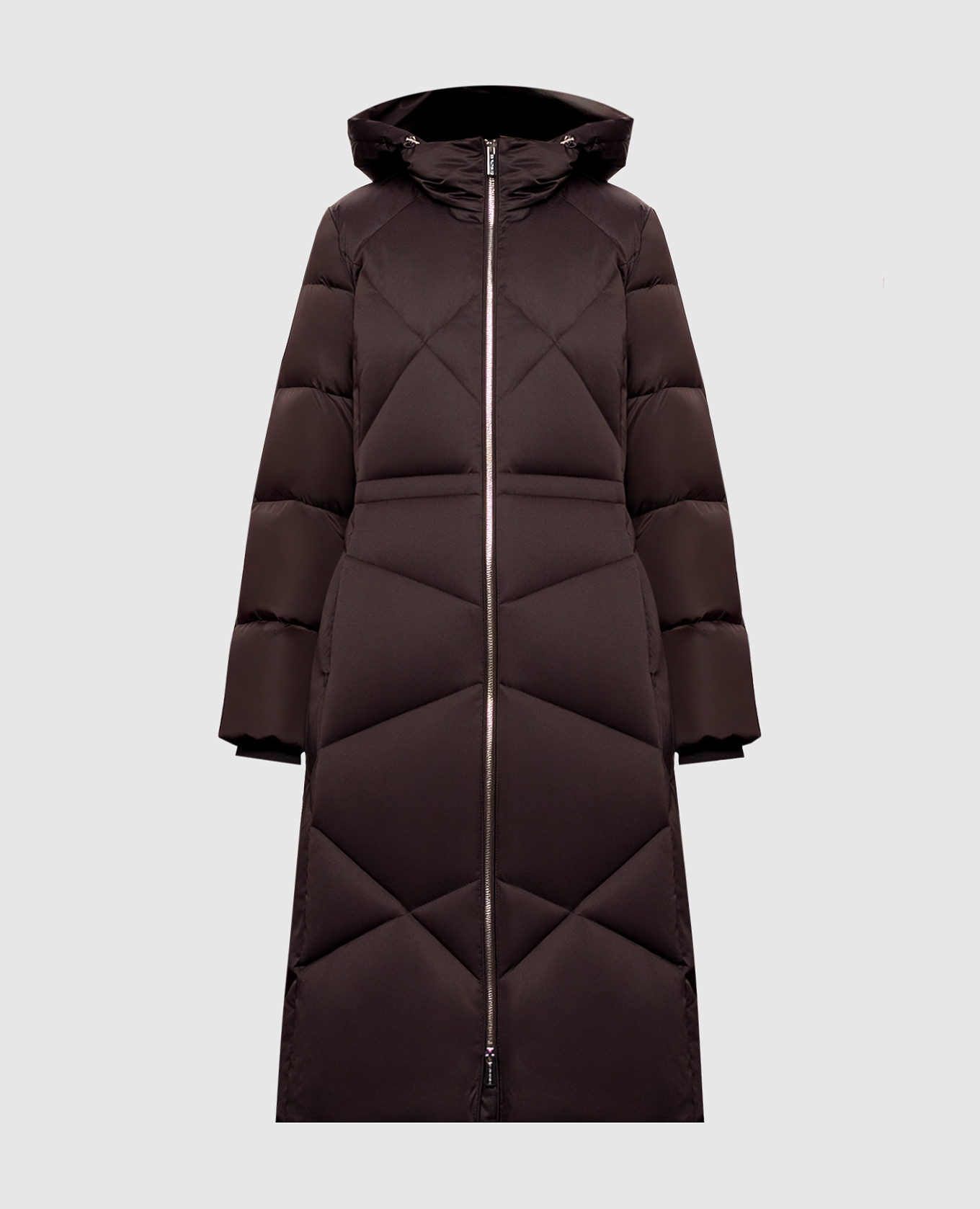 Dark brown elongated down jacket with hood