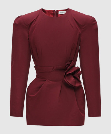 Burgundy silk mini dress with accent shoulders
