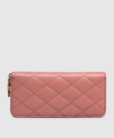 Roze leren portemonnee met geometrische stiksels