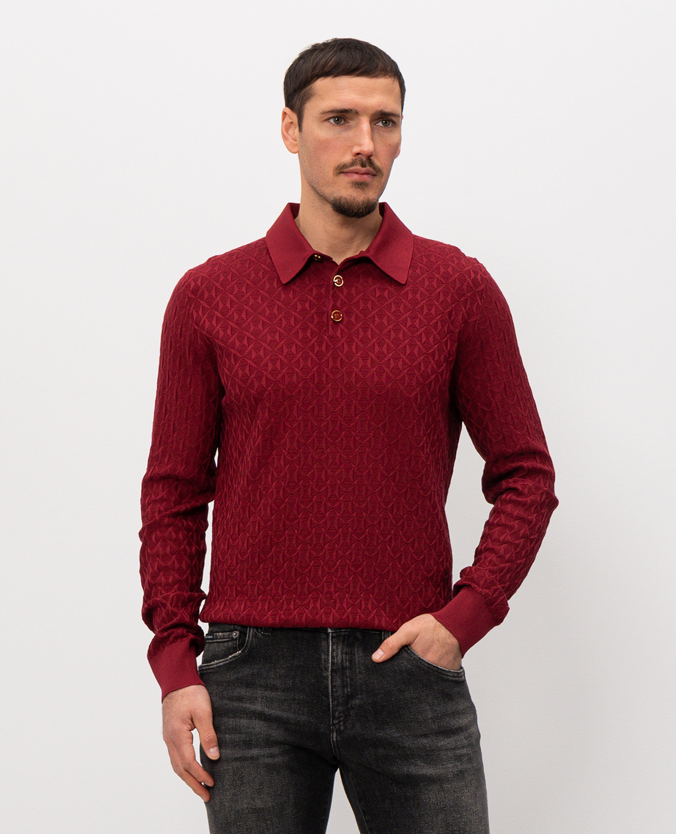 Burgundy silk polo with woven pattern Dolce&Gabbana 3