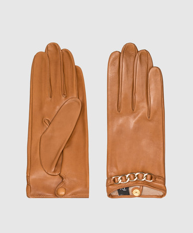 Brown leather gloves with chain
