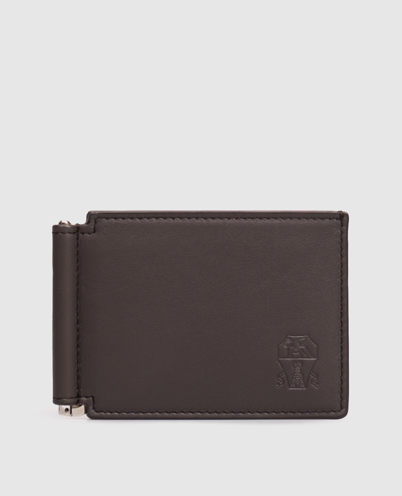 Brown wallet with embossed logo bill clip