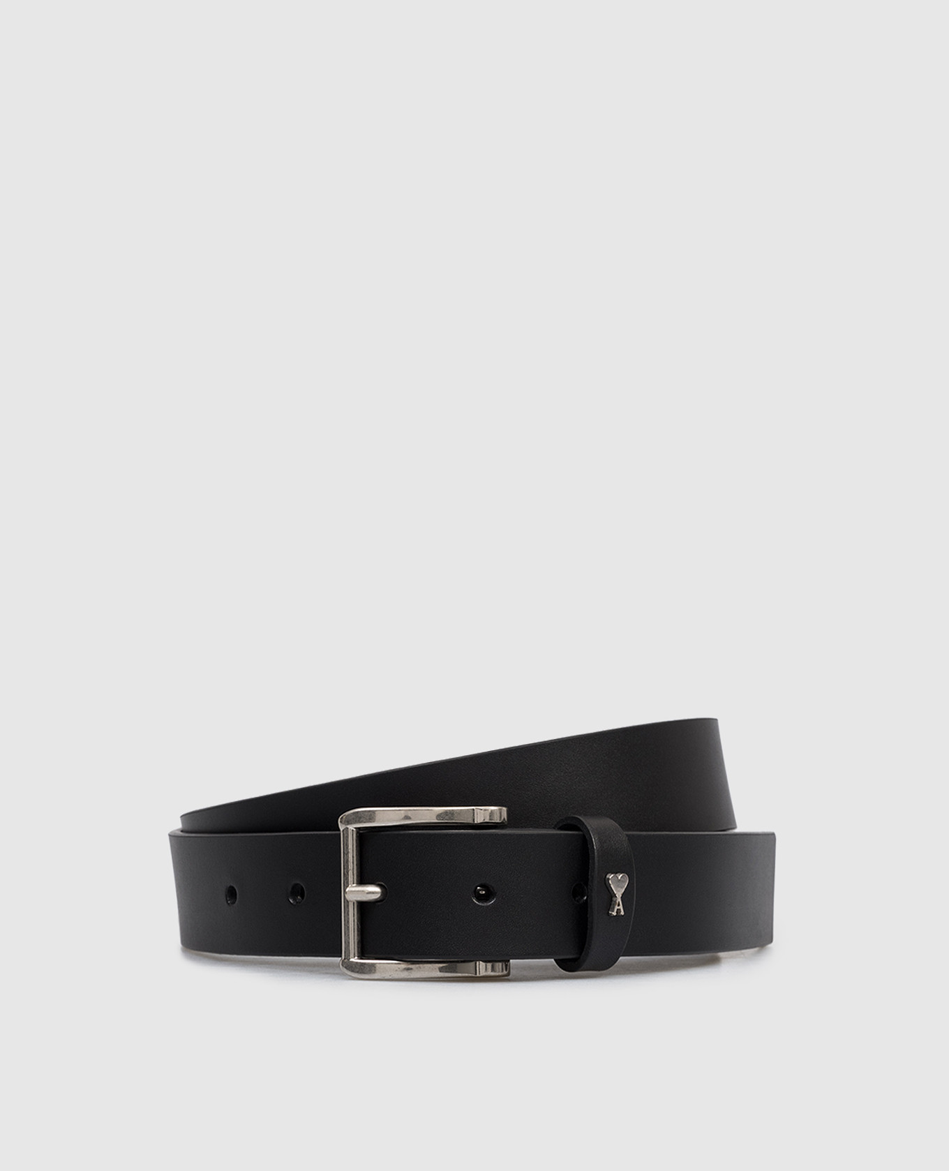 Black leather belt with textured emblem