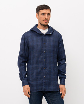 Kiton Blue wool, silk and linen hooded shirt UMCMARK0630G