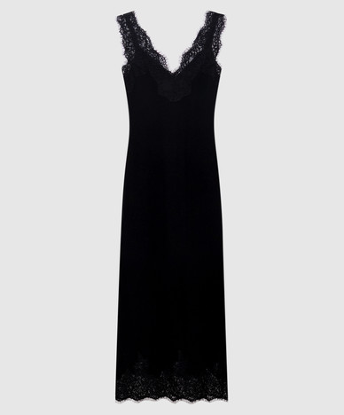 Robe en cachemire noir Zinnia avec dentelle