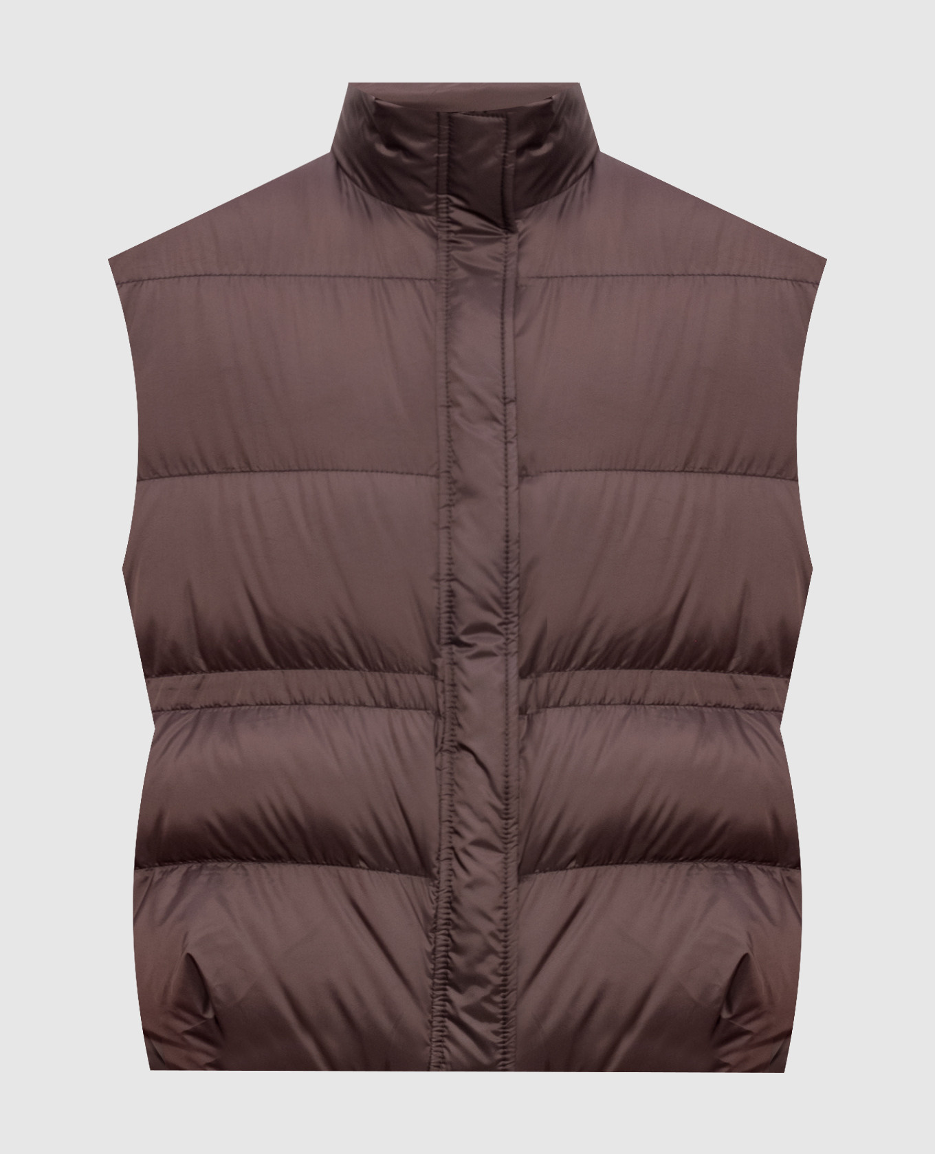 Brown down vest with monil chain