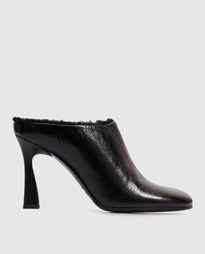 Premiata Black leather glossy mules with fur trim M7444TEX