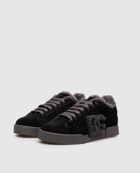 Dolce&Gabbana Black suede Portofino sneakers with fur CK2374AJ222