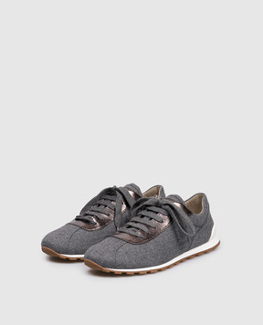 Brunello Cucinelli Gray combination sneakers with a monil chain MZ26G3031