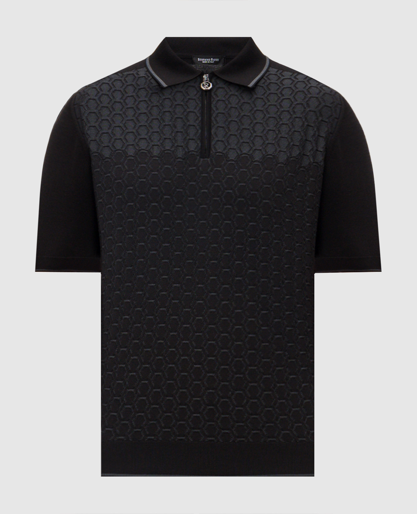 Black polo shirt with patterned silk