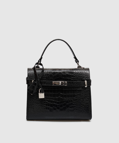 Zwarte Ada leren tas met krokodillenprint
