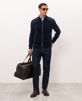 Stefano Ricci Blue cashmere and silk cardigan with crocodile leather K606398N16F26326