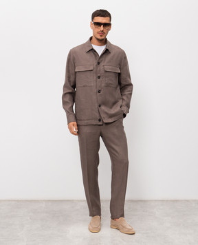 Peserico Brown linen shirt with logo patch R5225502606