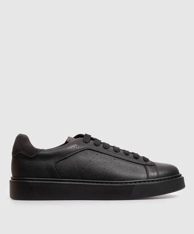 Black leather sneakers with logo patch