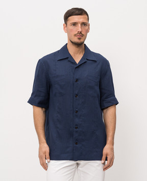 Brunello Cucinelli Blue linen shirt with short sleeves MM6840619
