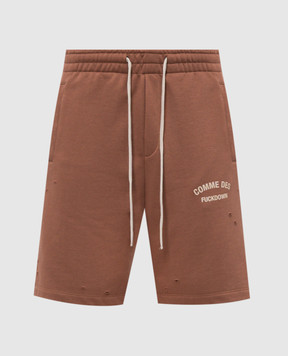 Comme des Fuckdown Brown shorts with logo print and slits FMS6CFABM01925