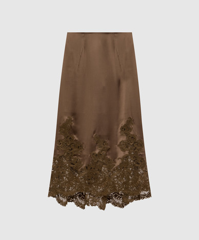 Khaki silk skirt with lace