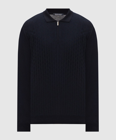 Blauwe poloshirt van wol en zijde met patroon.