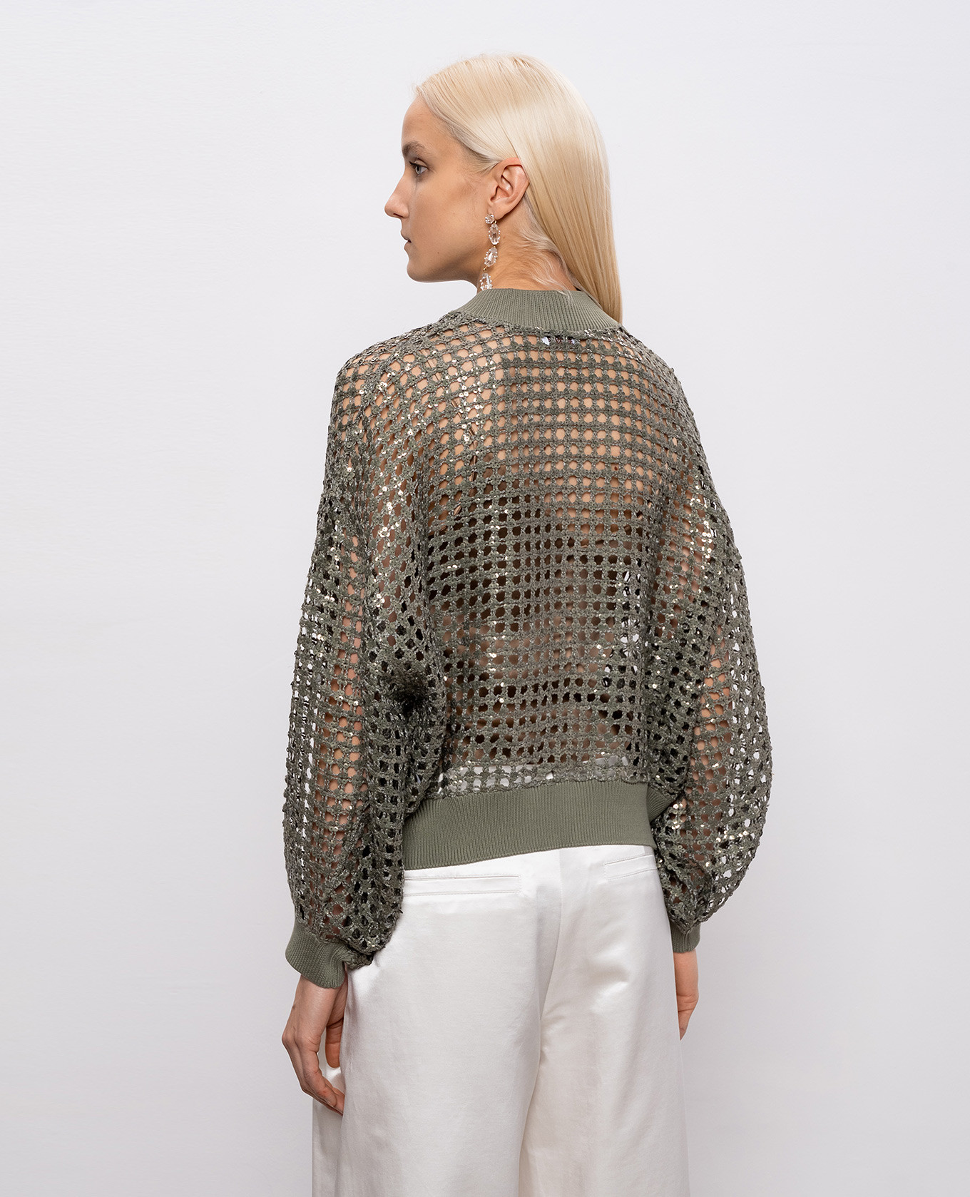Khaki openwork cardigan made of silk and linen with sequins Brunello Cucinelli 4