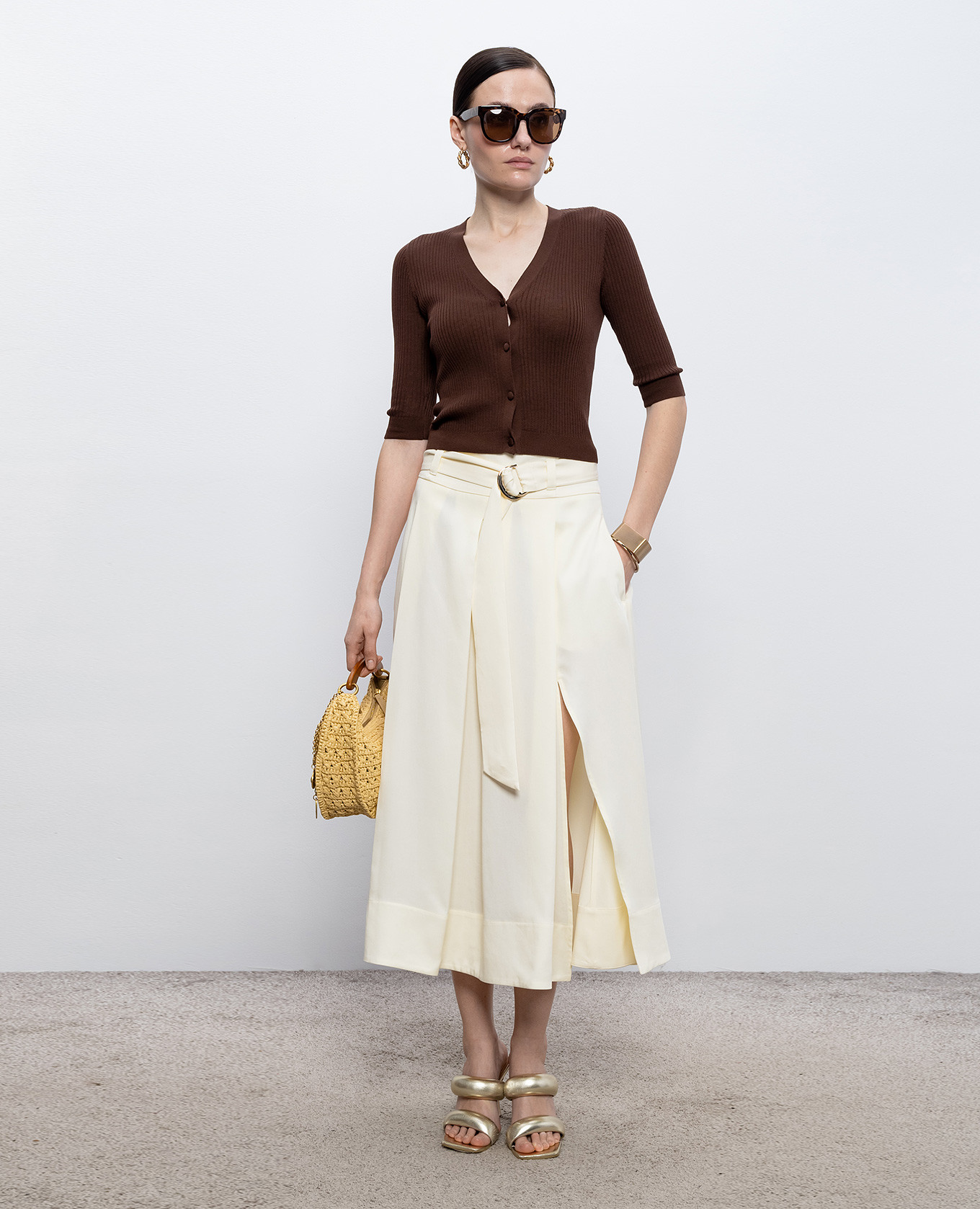 

Brown cropped ribbed cardigan with silk Twinset