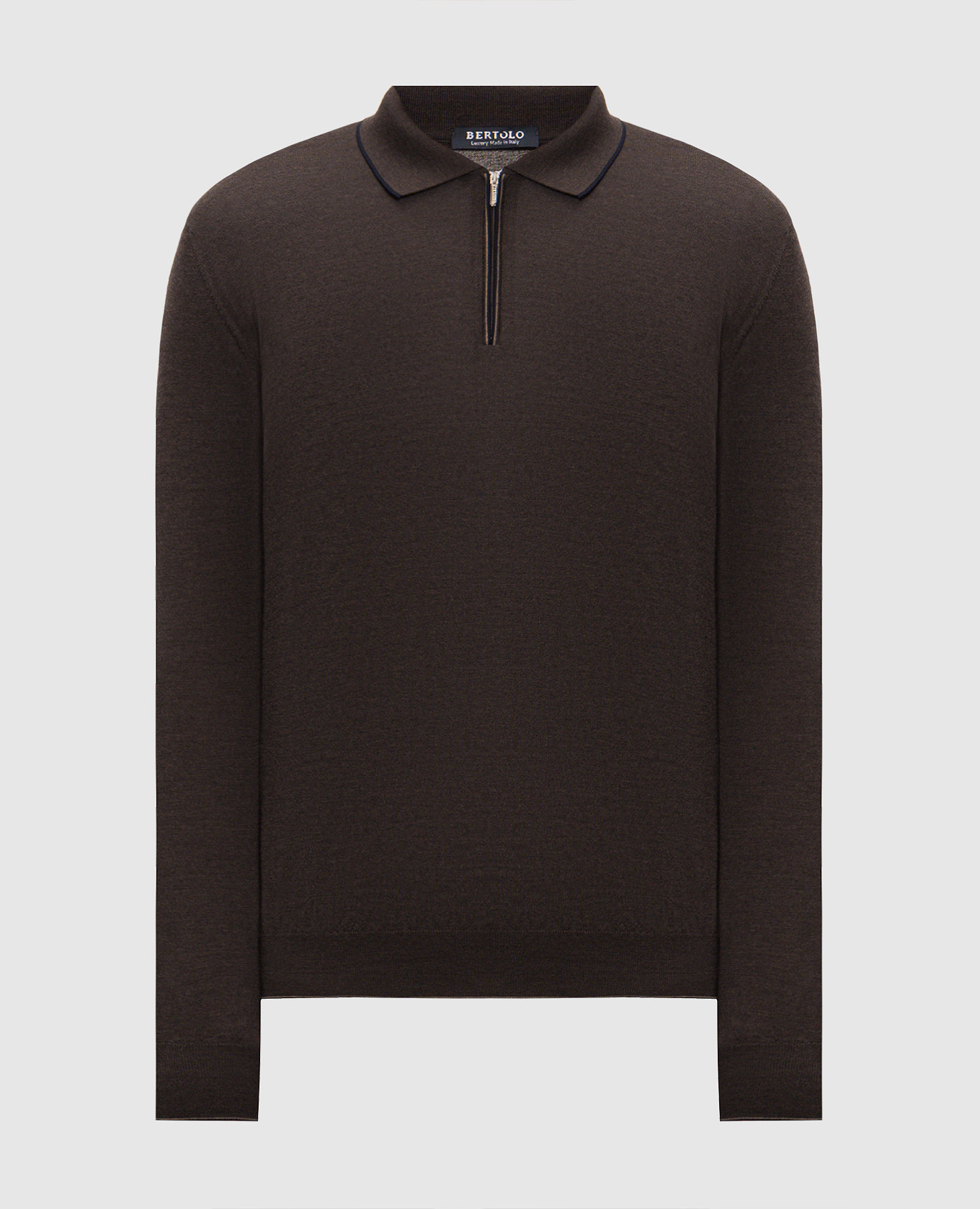 Brown wool and silk zip-up polo shirt