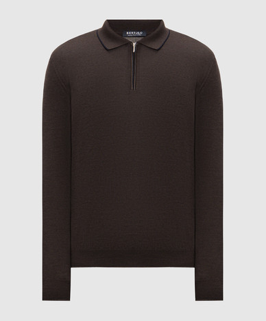 Brown wool and silk zip-up polo shirt