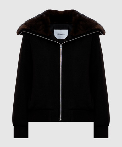 Giacca marrone in lana e cashmere con pelliccia di visone