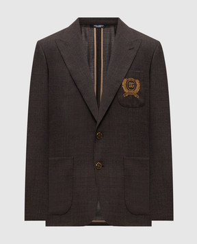 Dolce&Gabbana Brown wool blazer with embroidered monogram logo G2TF4ZHU2BO