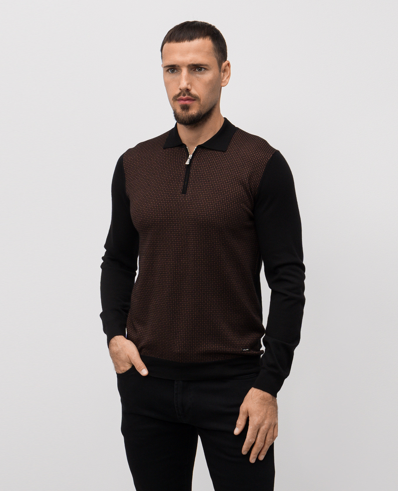 

Black wool and silk patterned polo shirt Enrico Mandelli