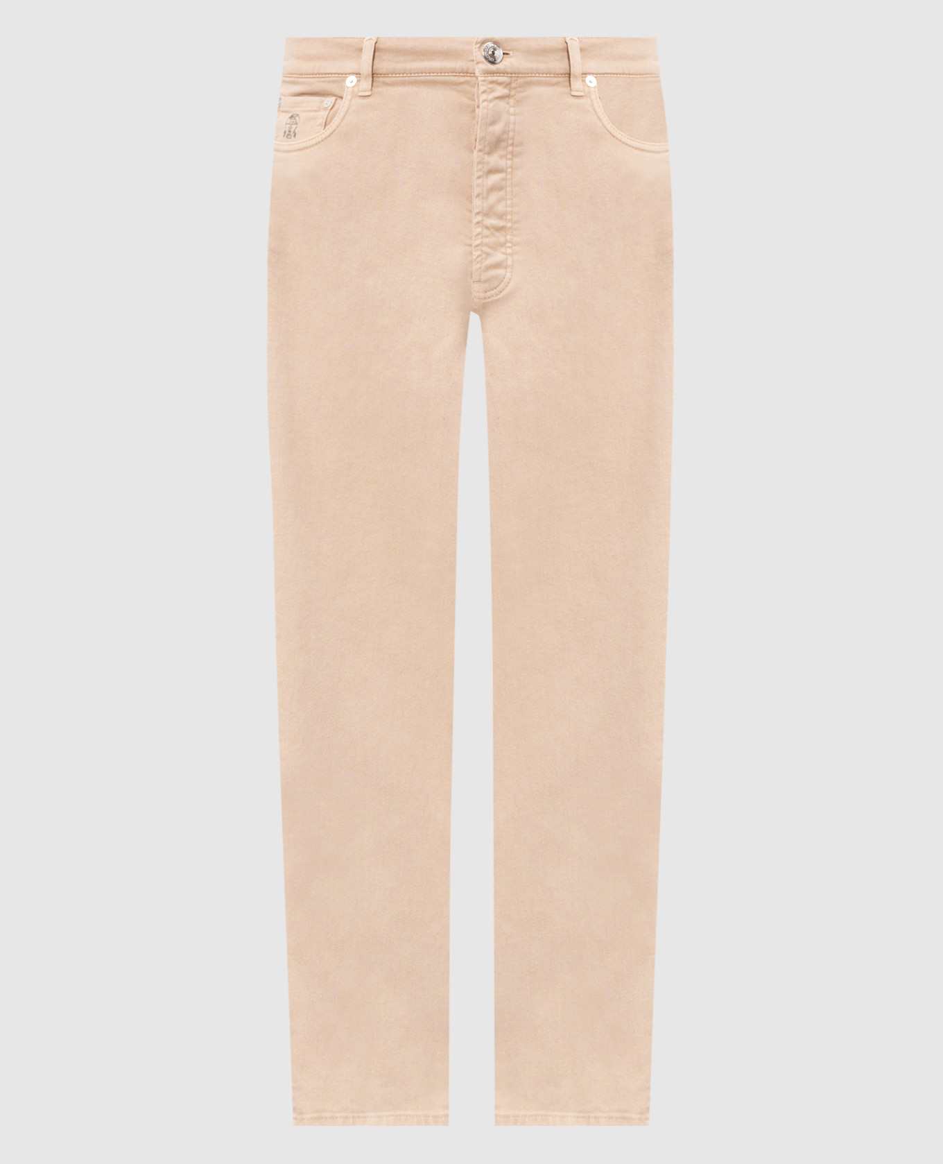 Beige jeans with patch and embroidered emblem